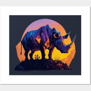 Rhino at sunset Posters and Art